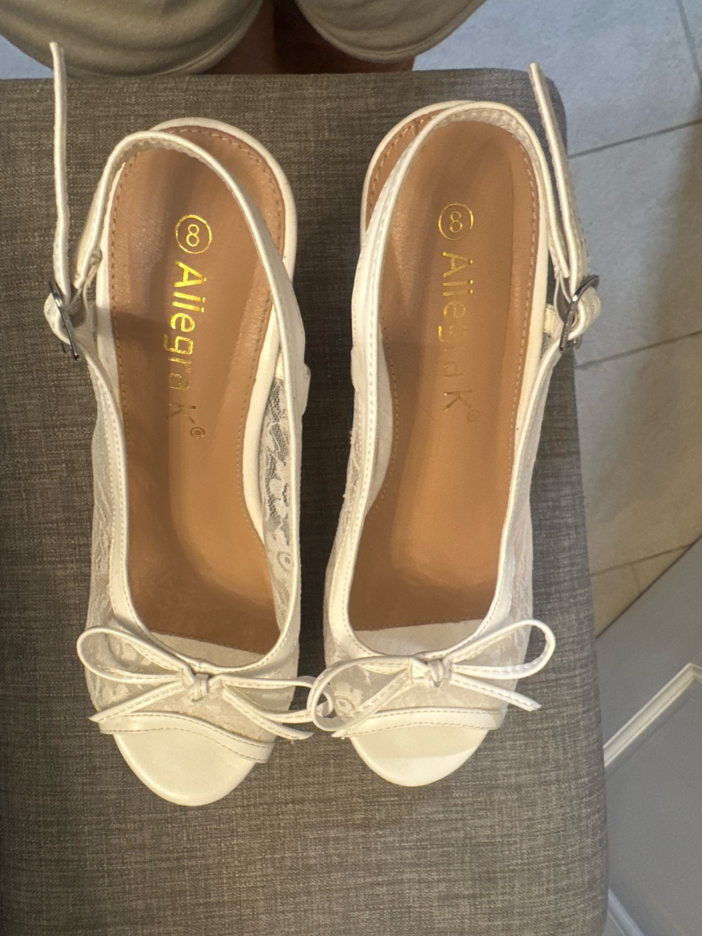 Allegra K White Lace Ballet Flats with Ankle Strap